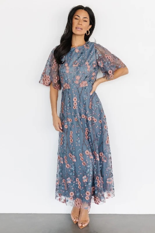 Season Offer Arabella Embroidered Tulle Maxi Dress | Blue + Pink