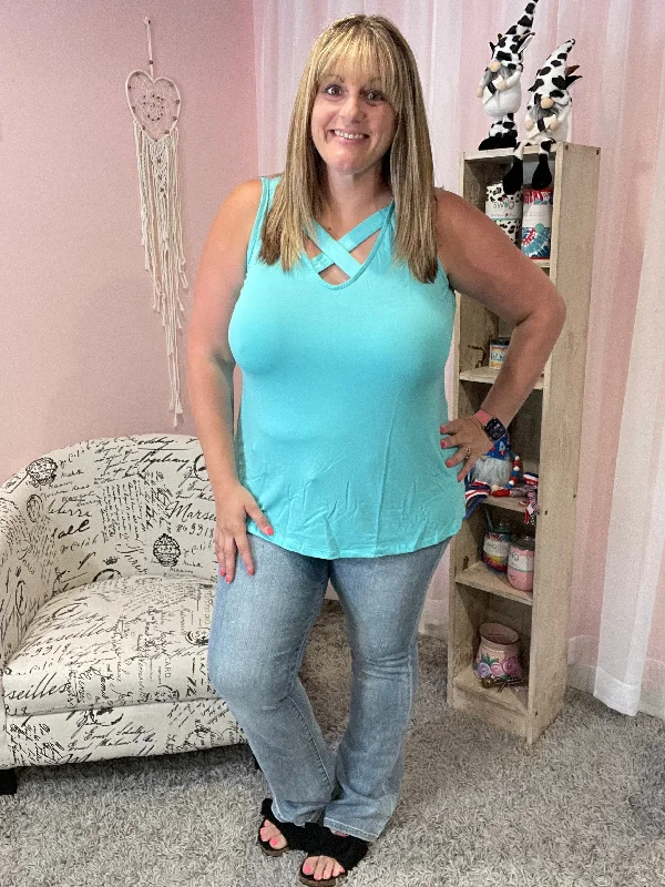 Elevated Casual Discounts Turquoise Criss Cross Tank