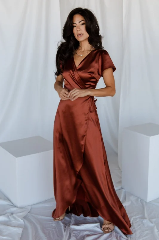 Feminine Style Promotions Krystal Satin Wrap Gown | Cinnamon