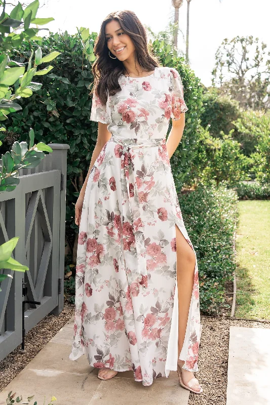 Women's Formal Event Attire Naomi Short Sleeve Maxi Dress | Off White + Rose Floral