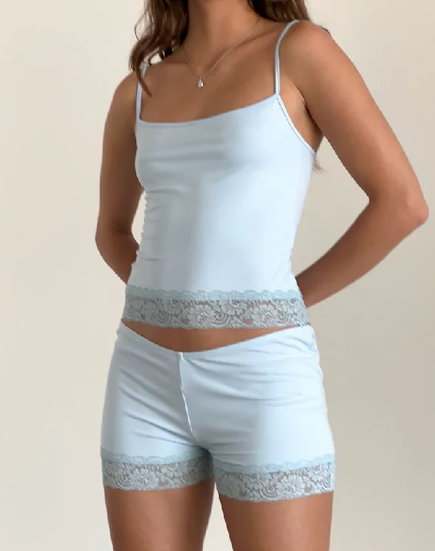 Trendy Looks On Sale Kuden Lace Hem Micro Shorts in Soft Slinky Blue