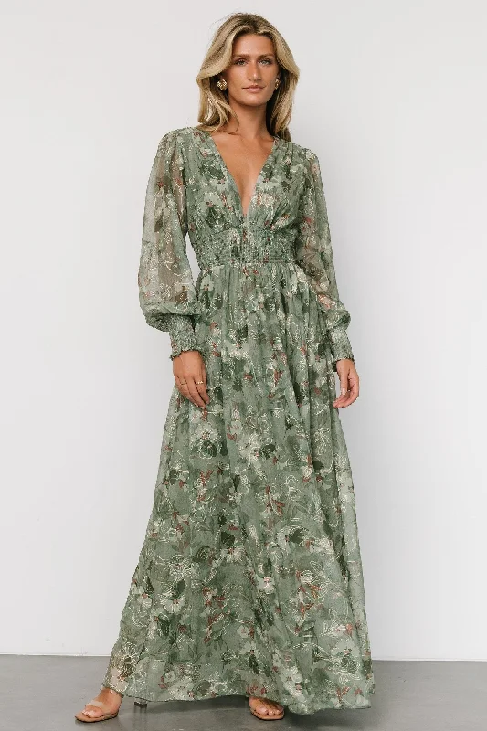 New Styles Just In Jolie Embroidered Tulle Dress | Sage + Gold Floral