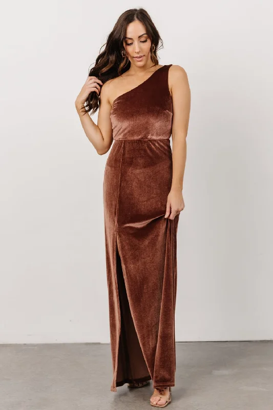 Charming Women's Holiday Apparel Tatiana Velvet One Shoulder Maxi Dress | Desert Rose