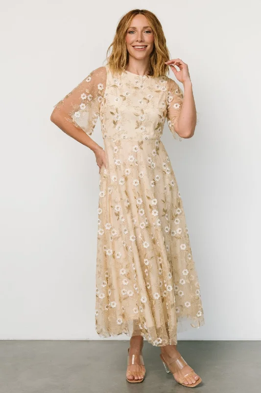 Sleek Style Discounts Arabella Embroidered Tulle Maxi Dress | Gold + White