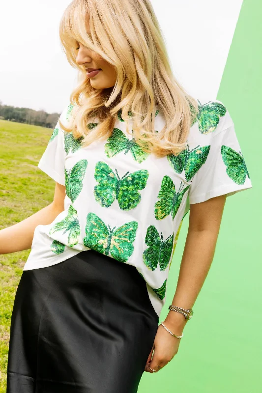 Exclusive Discounts White & Green Scattered Butterfly Tee