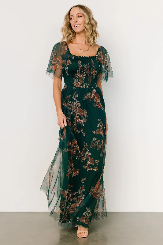 Women's Trendy Activewear Apparel Cassandra Tulle Maxi Dress | Green + Bronze Floral