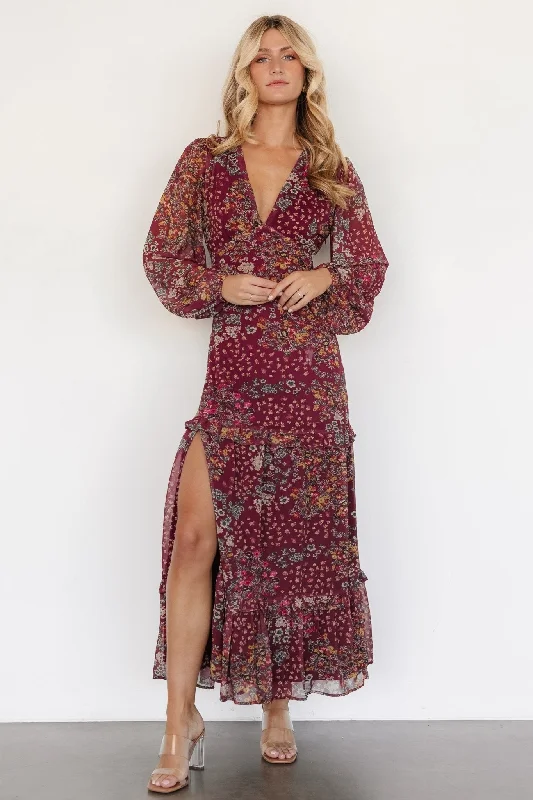 Fashion Forward Femininity Bowman Deep V Maxi Dress | Burgundy Multi