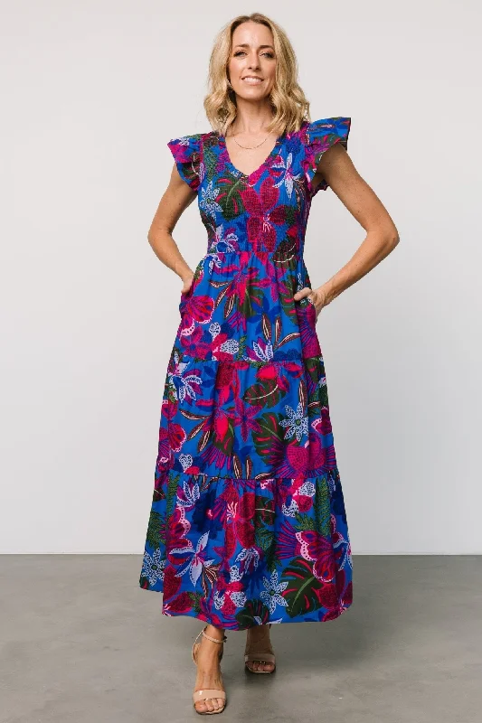 Women's Everyday Apparel Ranchero Smocked Maxi Dress | Cobalt + Fuchsia Print