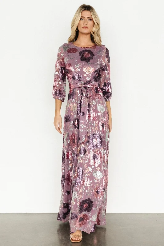 Stylish Women's Garments For Holidays Destiny Sequin Maxi Dress | Lilac Floral