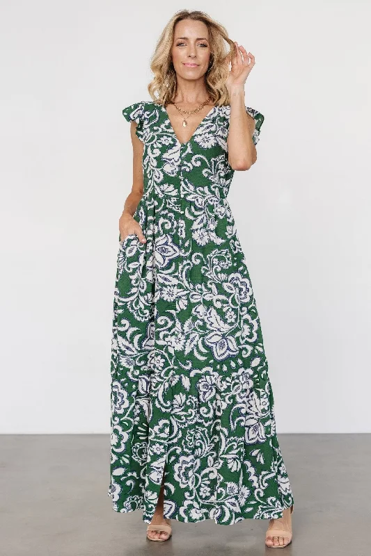 Women's Holiday Attire Kaia Button Maxi Dress | Green Print