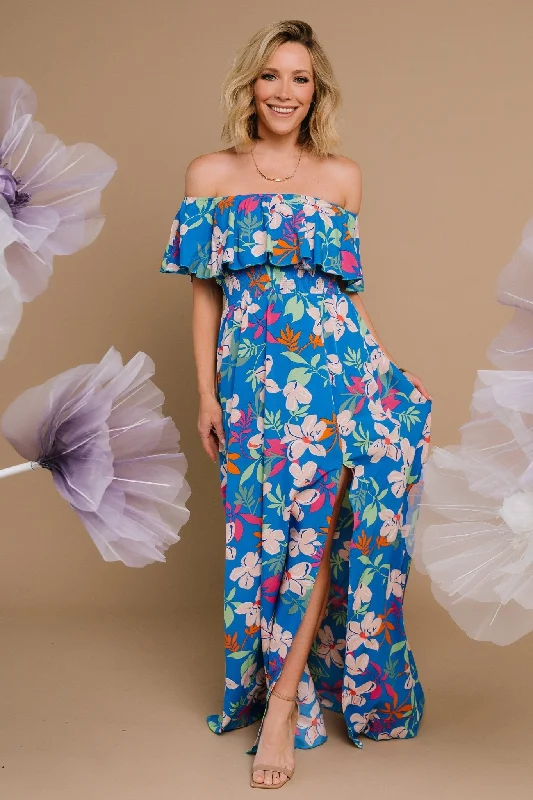 New Season Fashion Preview Sale Talia Off Shoulder Maxi Dress | Blue Floral