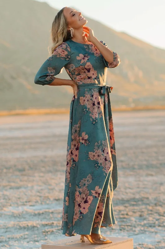 Shop The Hottest Deals Paula Satin Maxi Dress | Blue + Pink Multi