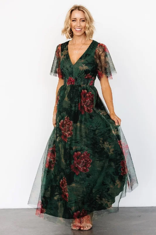 Women's Trendy Casual Outfit Cressida Tulle Maxi Dress | Dark Green + Red Floral