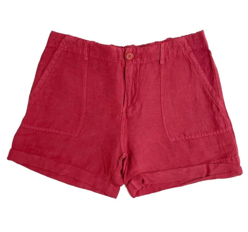 Seize Bargains Women's Linen Blend Elastic Waist Rolled Hem Shorts In Red