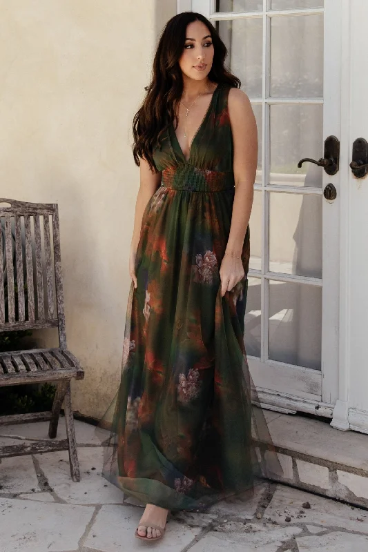 Winter Warehouse Sale Kamila Tulle Maxi Dress | Olive Multi Floral