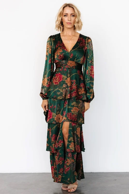 Flash Sale Fever Montrouge Tiered Satin Dress | Emerald Floral