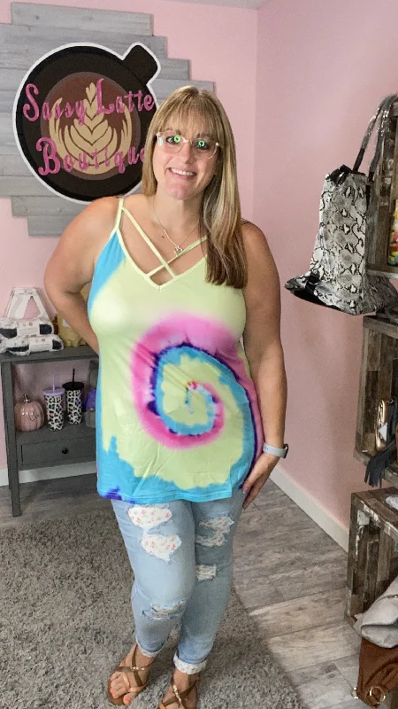 Crazy Price Slashing Rainbow Swirl Criss Cross Tank