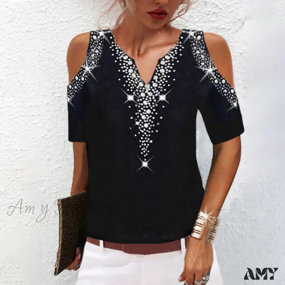 Timeless Style Promotions Amy Fashion - Sequined Short Sleeve Cold Shoulder V Neck Printed Club Party Shirt