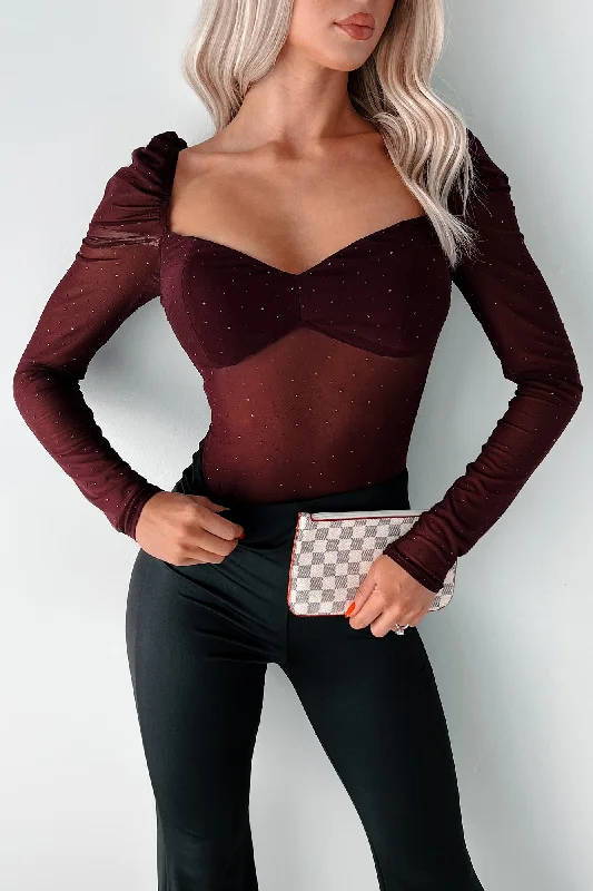 Women's Seasonal Clothes Easy To Remember Rhinestone Mesh Bodysuit (Dark Cherry)