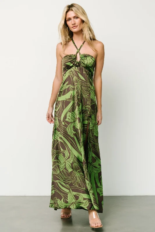 Hot Picks Norah Halter Dress | Brown + Green Print