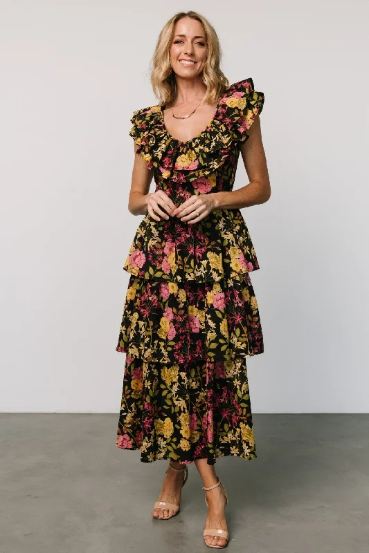 Women's Professional Apparel Francesca Tiered Maxi Dress | Black Floral