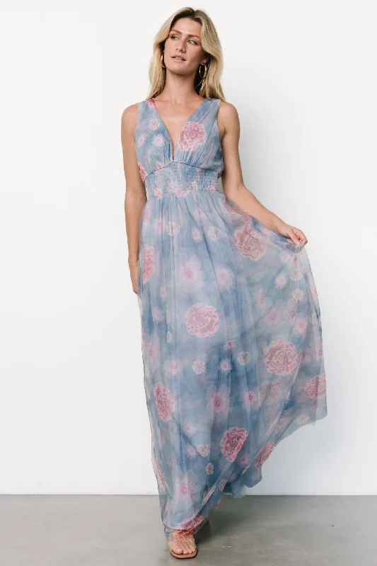 New In This Season Kamila Tulle Maxi Dress | Light Blue + Pink Floral