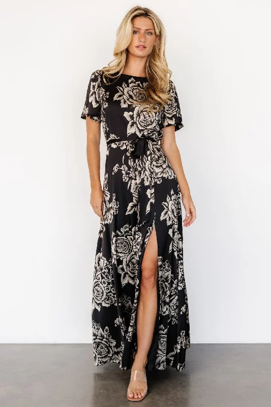 Women's Work Outfit For The Office Agnes Satin Maxi Dress | Black + Cream Floral