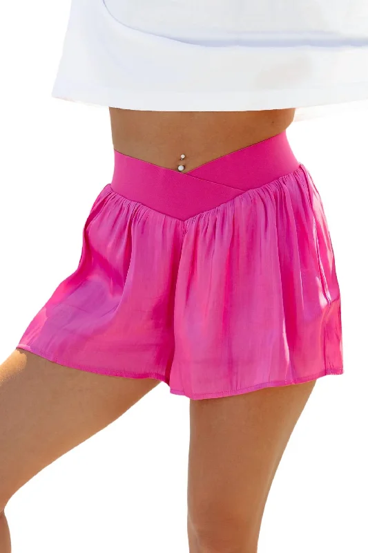 Fashionable Women's Clothing Shiny Crossover Shorts In Magenta