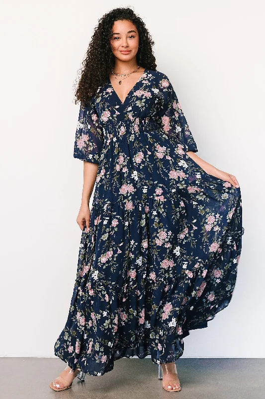 Affordable Trendy Fashion Sawyer Tiered Maxi Dress | Navy + Pink