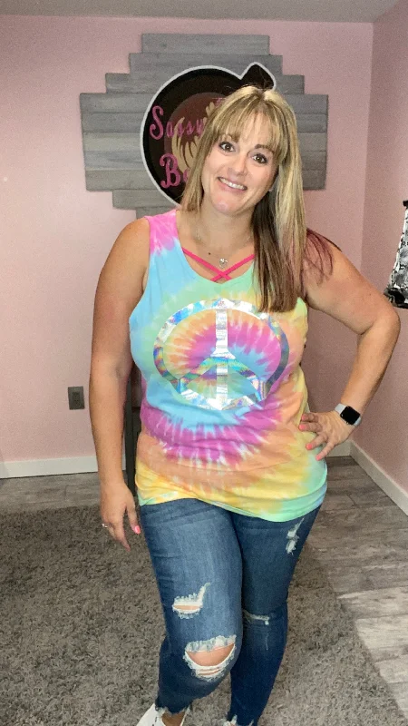 Flash Sale, Don'T Miss Tie Dye Tank with Holographic Peace Sign