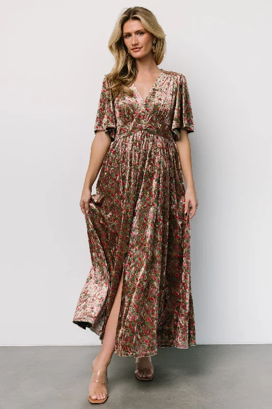 Women's Vacation Attire Irina Velvet Maxi Dress | Green Multi Floral