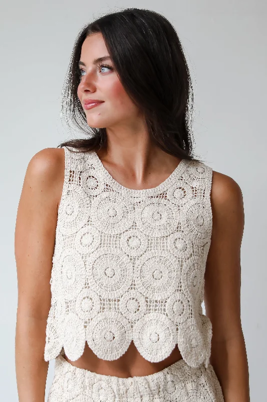 Charming Everyday Clothing For Women FINAL SALE - Style Update Beige Crochet Knit Tank