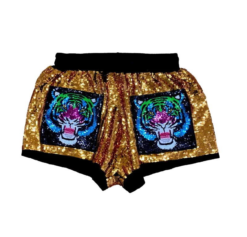 Chic Clothing For Women Gold Rainbow Tiger Sequin Shorts