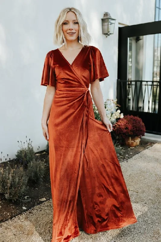 Women's Holiday Attire Meghan Velvet Wrap Maxi Dress | Rust