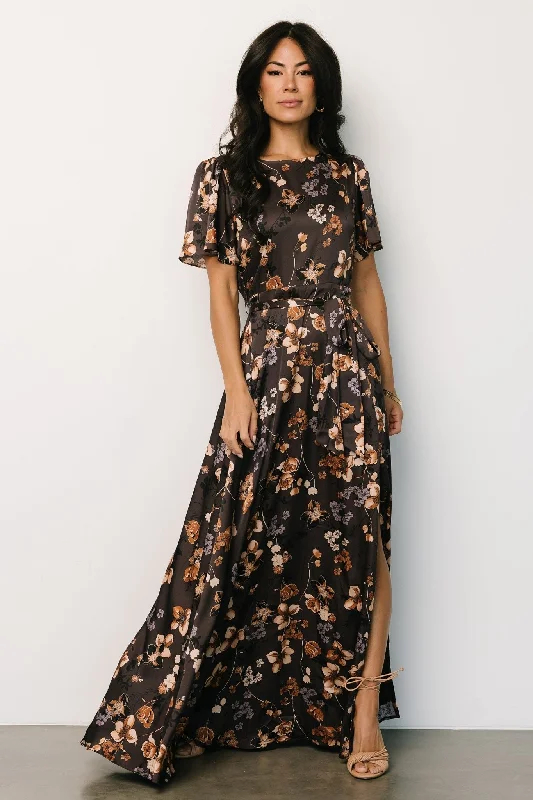 Women's Casual Wear Outfit Agnes Satin Maxi Dress | Brown Floral