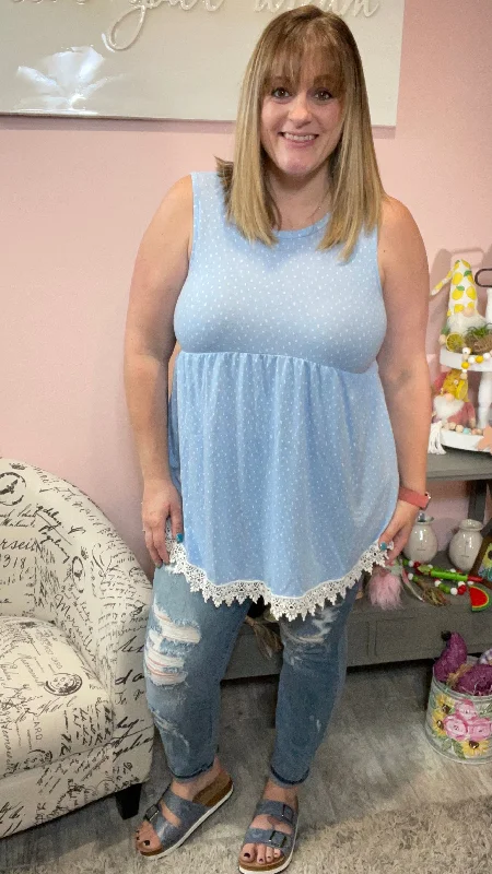 Holiday Attire Sale Powder Blue Sleeveless Babydoll Tunic with Lace Details