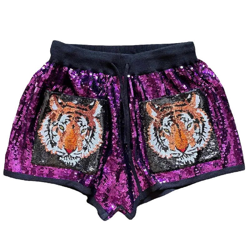 Affordable Women's Clothing Purple Tiger Sequin Shorts