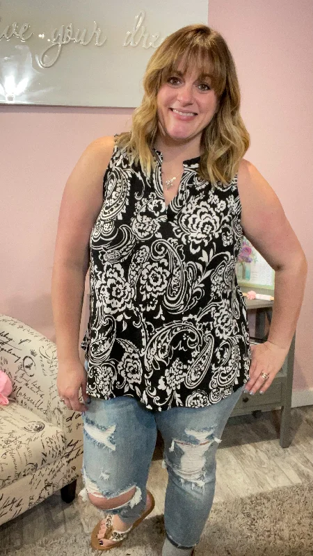 Summer Deals Black and White Paisley Sleeveless Tunic