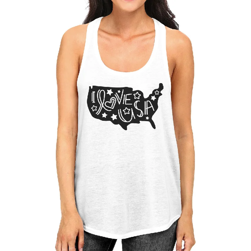 Women's Urban Clothing I Love USA Map Cute Womens Sleeveless Top Cute Fourth Of July Tanks