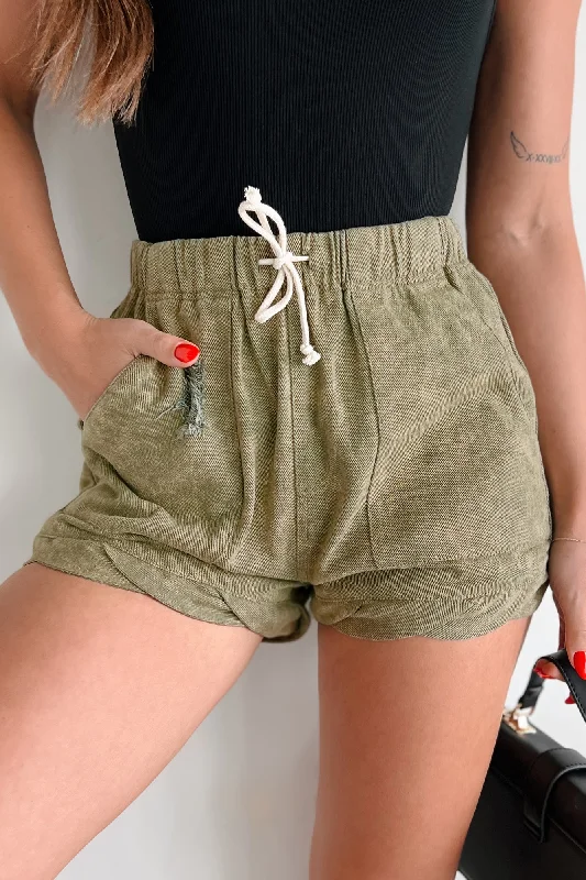 Luxury Women's Clothing Zyair Distressed Twisted Hem Shorts (Olive)