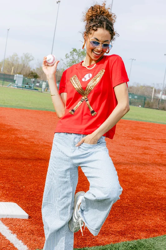 Feminine Luxe Style Sale Red & Gold Baseball Tee