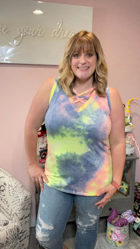 Find Your Unique Flair Rainbow Tie Dye Criss Cross Tank