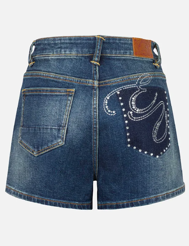 Sustainable Fashion Clothing For Women “EV” Rhinestone Embellished Loose Fit Denim Shorts