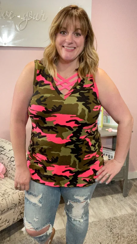 Daily Deals Camo Sleeveless Top with Neon Pink Criss Cross Detail