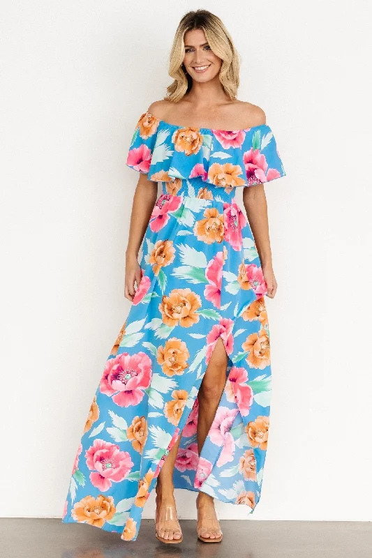 Women's Vacation Clothes Talia Off Shoulder Maxi Dress | Sea Blue Floral