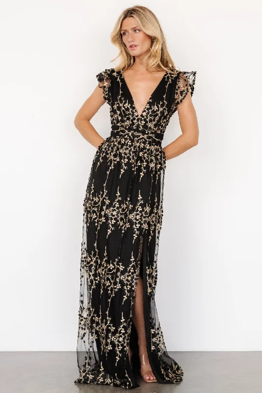 Vintage-Inspired Garments Eva Embroidered Maxi Dress | Black + Gold