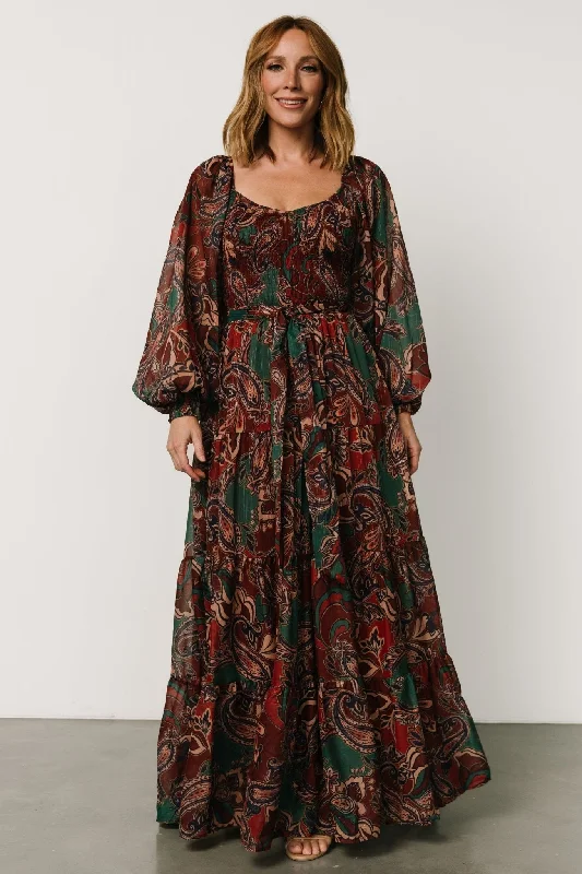 Contemporary Chic Promotions Livia Maxi Dress | Dark Green + Wine Multi