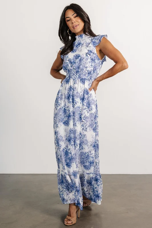 Popular Collection Kearny Ruffle Maxi Dress | White + Blue Floral