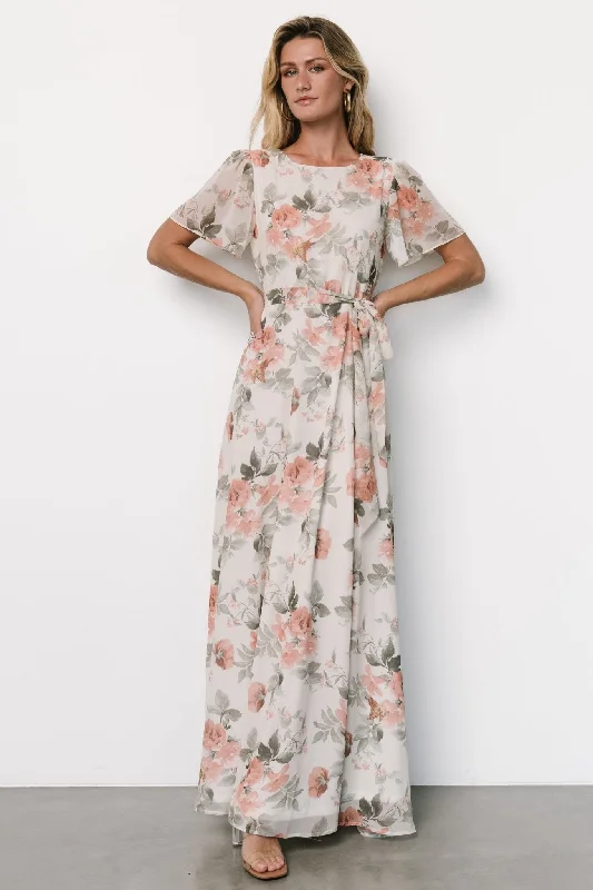 Limited Time Offer Naomi Short Sleeve Maxi Dress | Ivory + Coral Floral