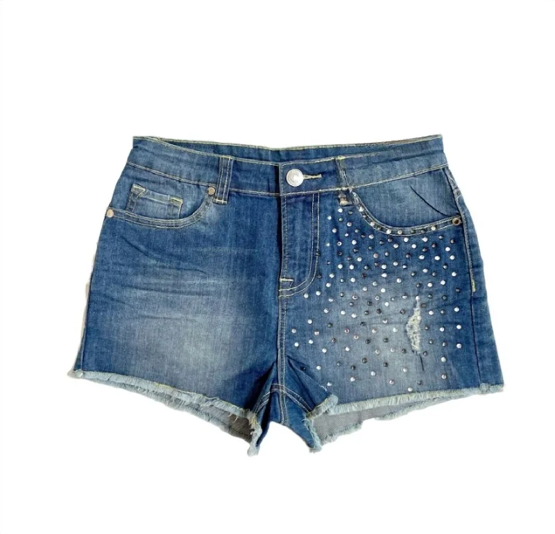 Exclusive Designer Style Deals Women's Embellished Panama Cut Off Denim Jean Shorts In Blue